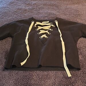 Black Sweater with Cream Lace-Up Detail